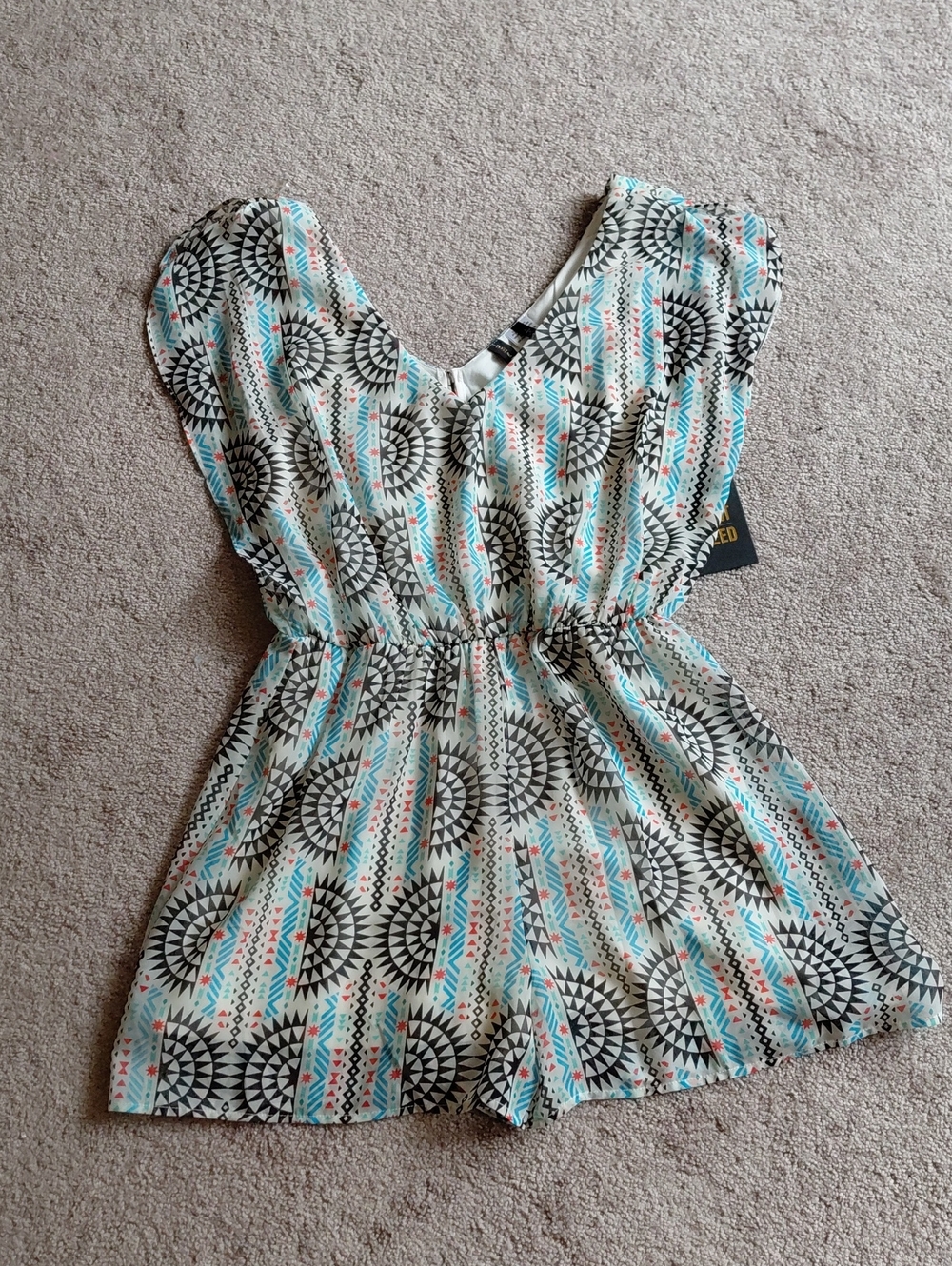 Sleeveless V-Neck Printed Romper in Aqua and Black